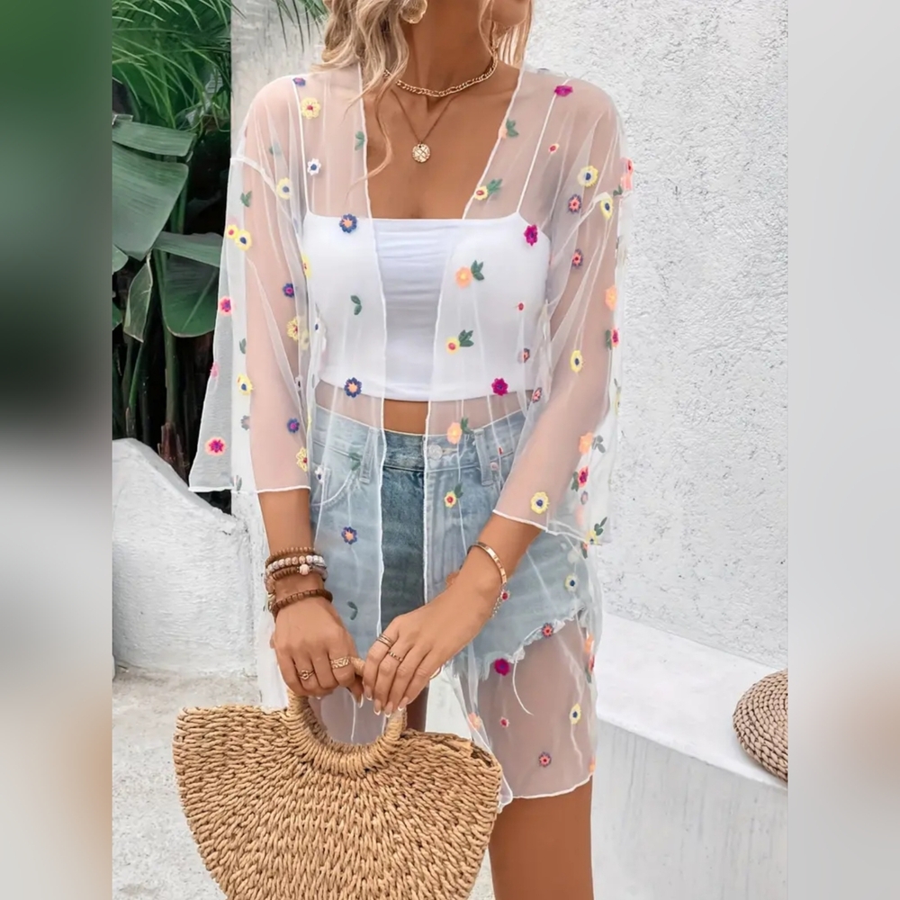 New Floral Embroidered Mesh Open Front Cover Up Blouse Large - Picture 4 of 5
